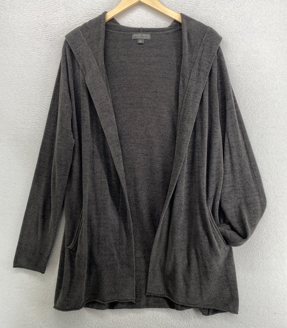 BAREFOOT DREAMS Sweater M CozyChic Ultra Lite Hoodie Cardigan Open Front Gray